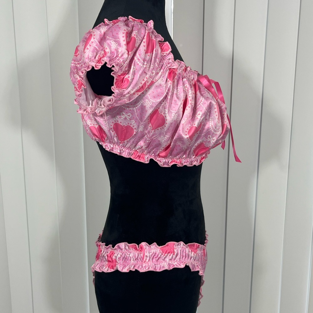 SUGAR THRILLZ Lots Of Love Heart Print Lingerie Set Off Shoulder Top Panties  XS - Picture 4 of 6